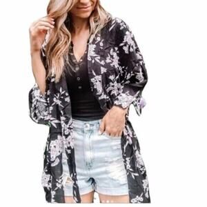 Spiritual Gangster Maya Floral Kimono Robe Tie Front Black Womens OS One Size